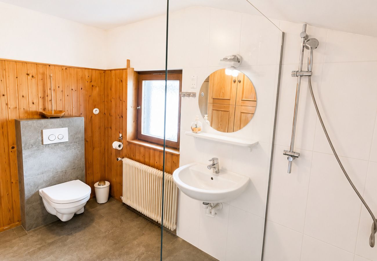 Bad im Chalet Kirchberg in Tirol mit Dusche, Waschbecken, Spiegel, WC und hellen Fliesen